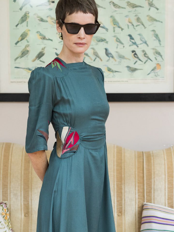 Alma Dress Ecovero Twill Seagreen Embroidered