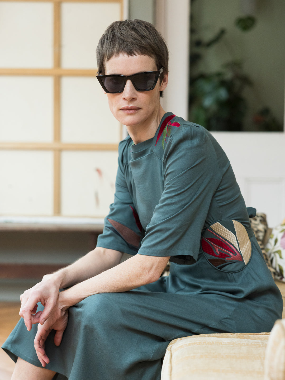 Alma Dress Ecovero Twill Seagreen Embroidered