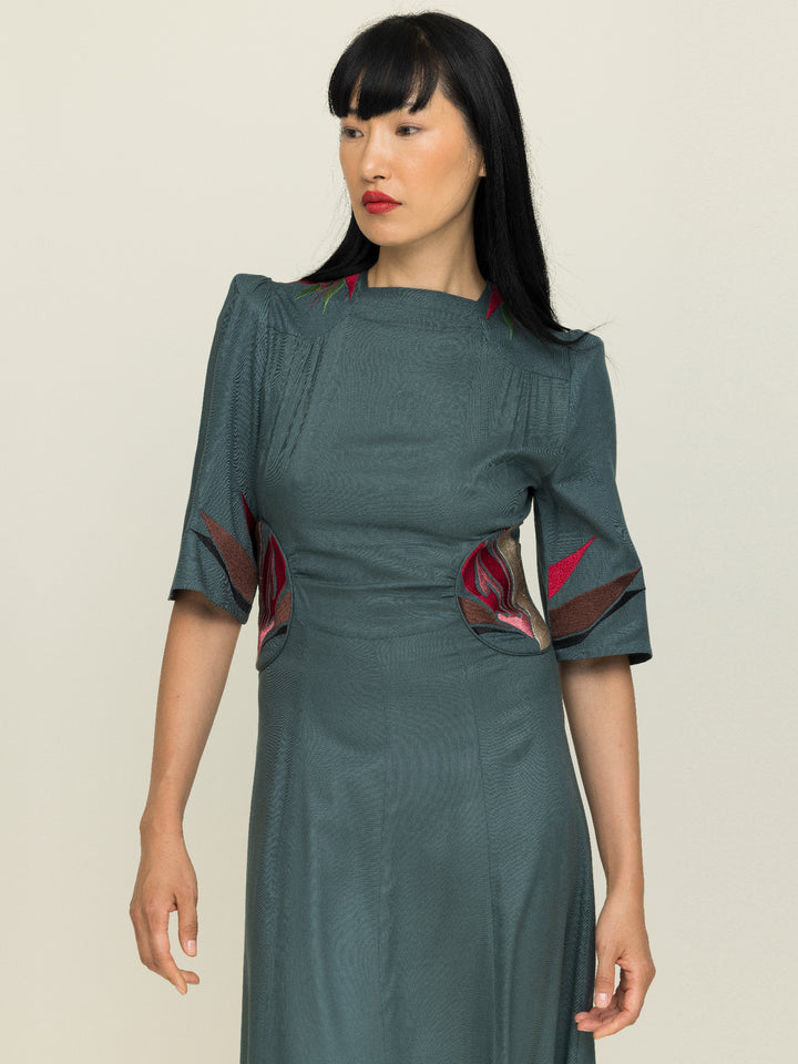 Alma Dress Ecovero Twill Seagreen Embroidered