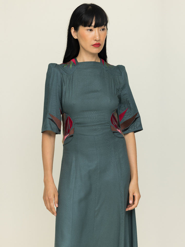 Alma Dress Ecovero Twill Seagreen Embroidered