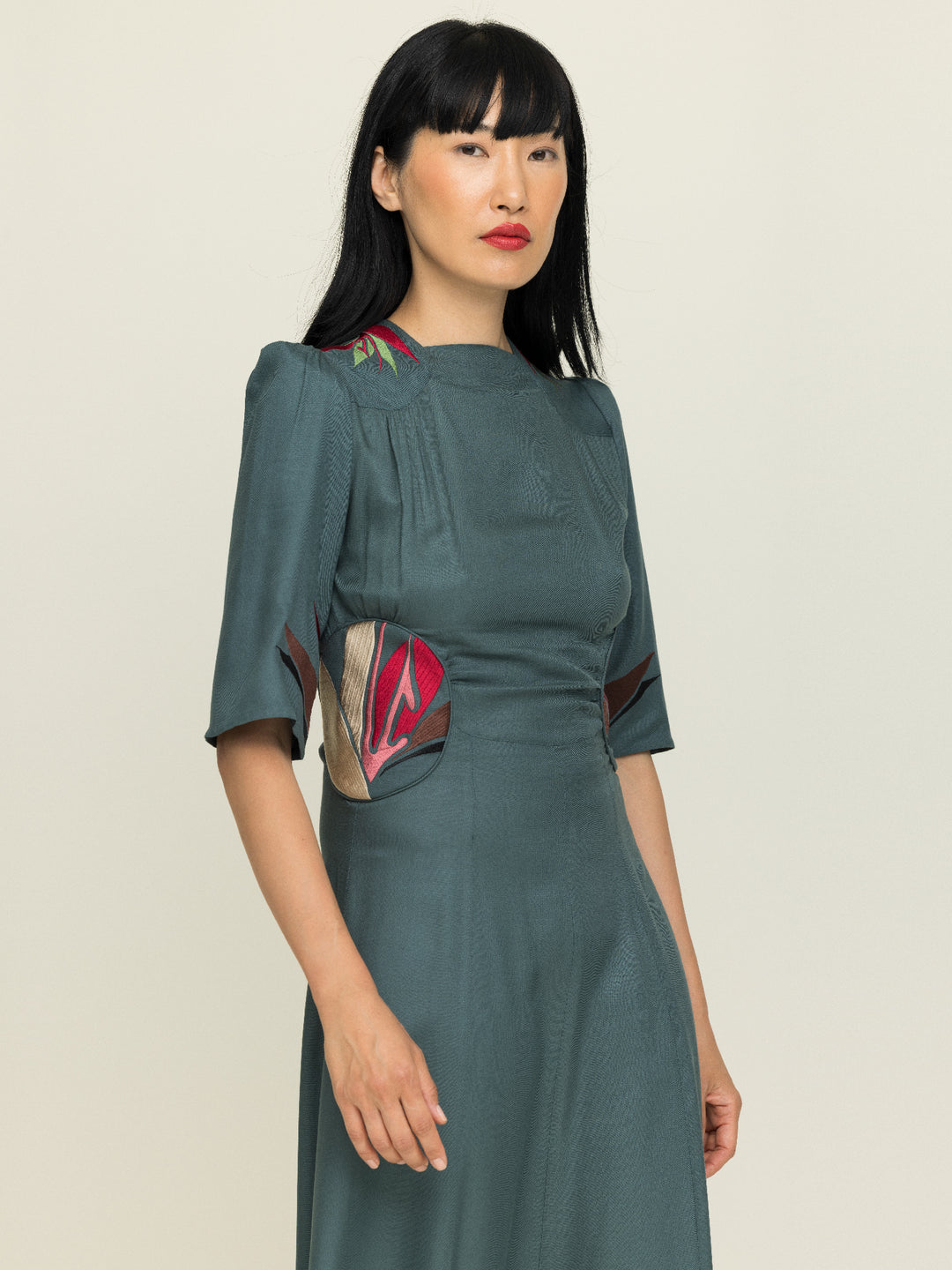 Alma Dress Ecovero Twill Seagreen Embroidered