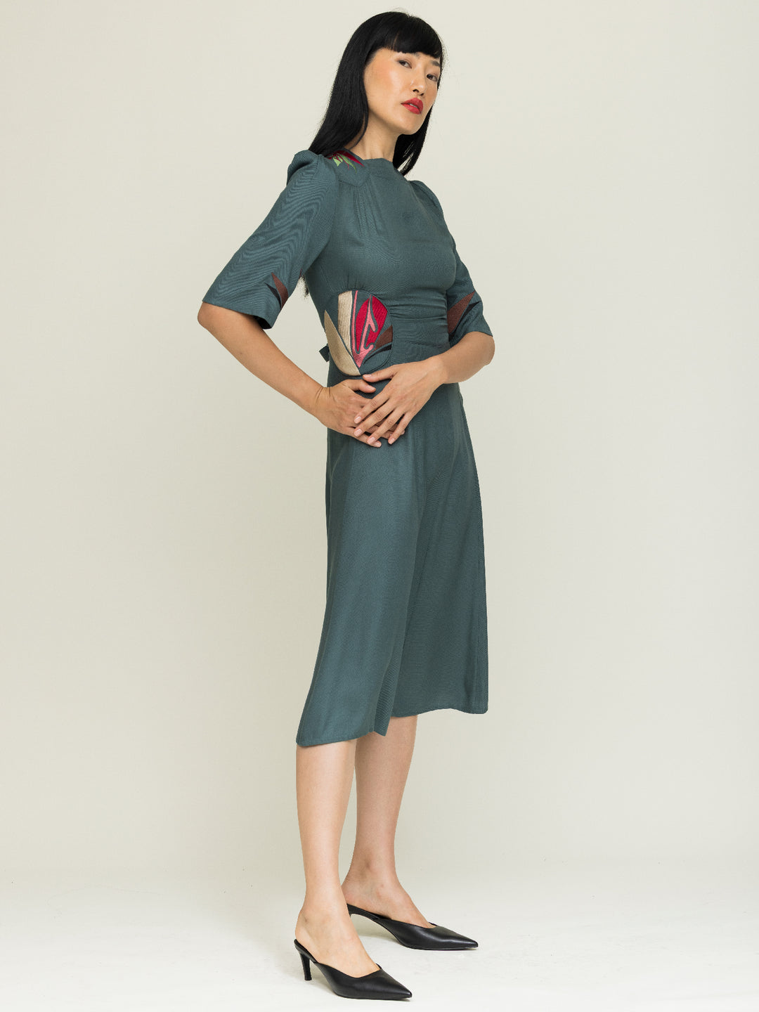 Alma Dress Ecovero Twill Seagreen Embroidered