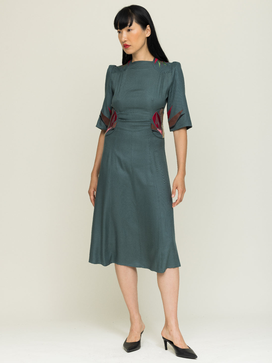 Alma Dress Ecovero Twill Seagreen Embroidered