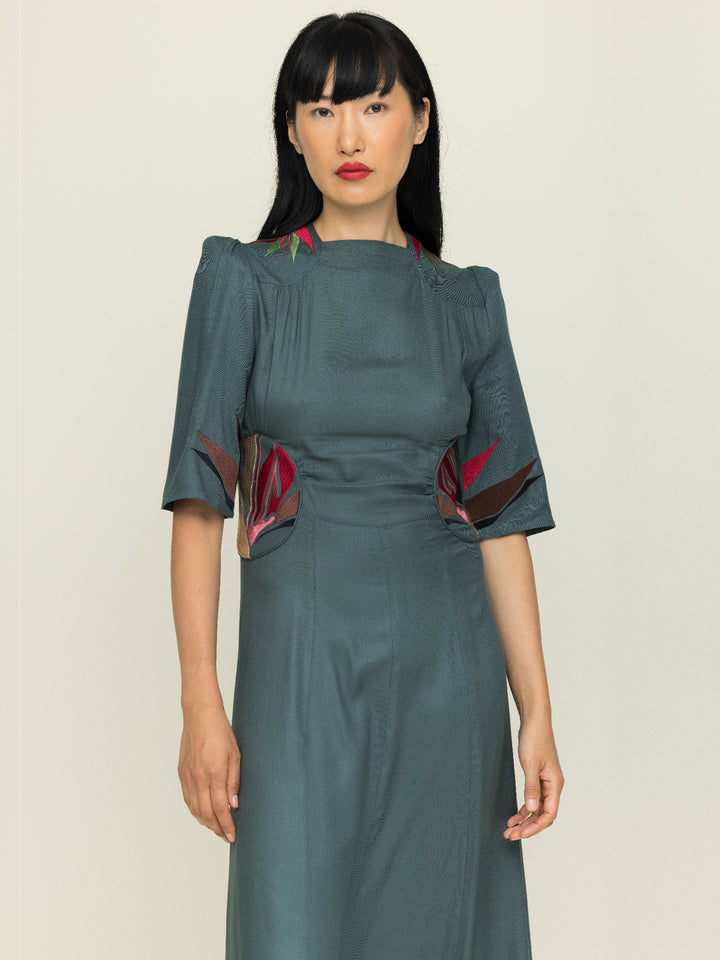 Alma Dress Ecovero Twill Seagreen Embroidered