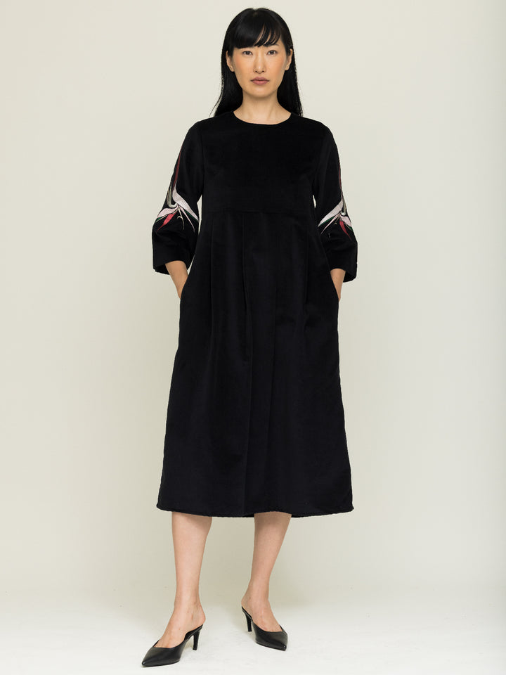 Amber Dress Cotton Velvet Black Embroidered