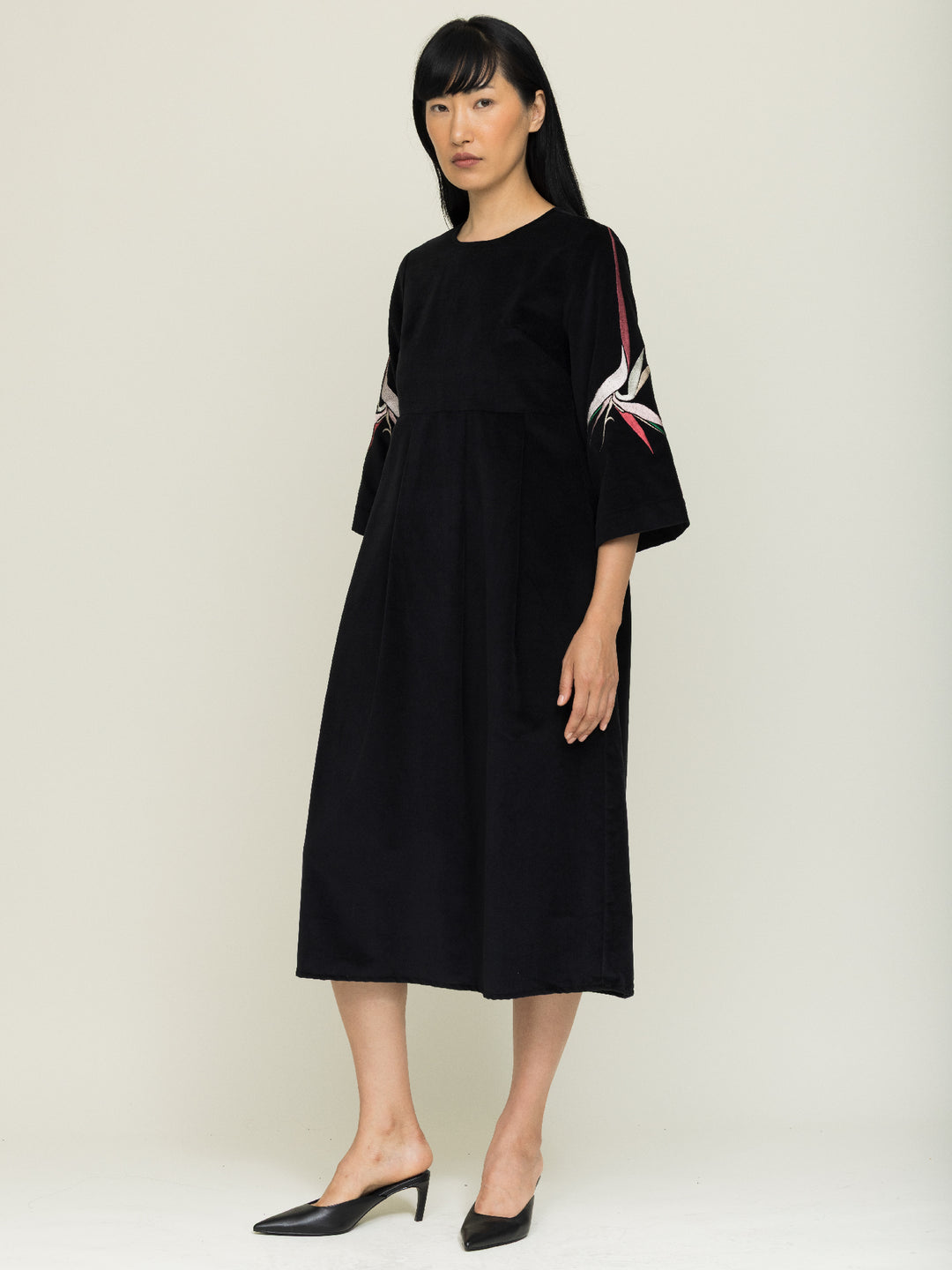 Amber Dress Cotton Velvet Black Embroidered