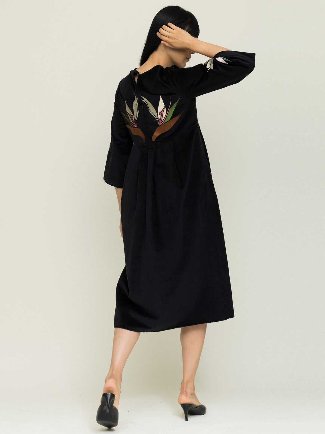Amber Dress Cotton Velvet Black Embroidered
