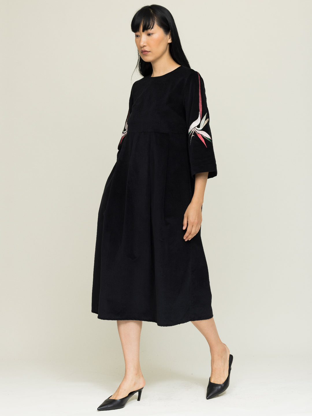 Amber Dress Cotton Velvet Black Embroidered