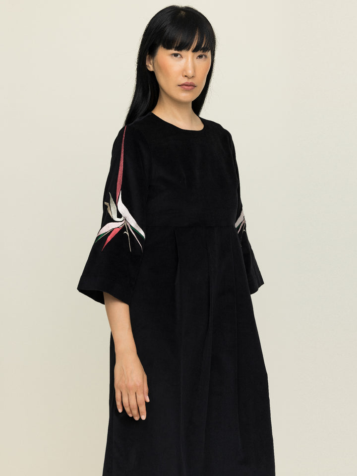 Amber Dress Cotton Velvet Black Embroidered
