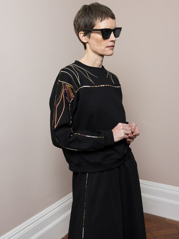 Sadie Double Piping Skirt Black Cotton Fleece