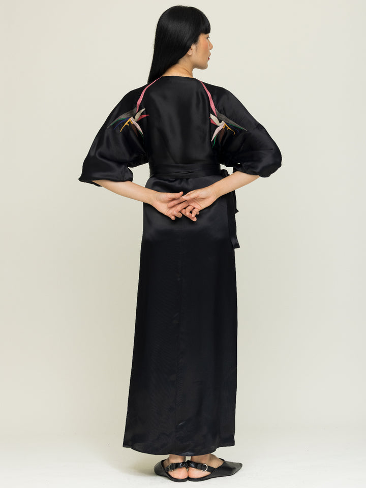Dorothy Wrap Dress Royal Satin Crepe Jet Black Embroidered