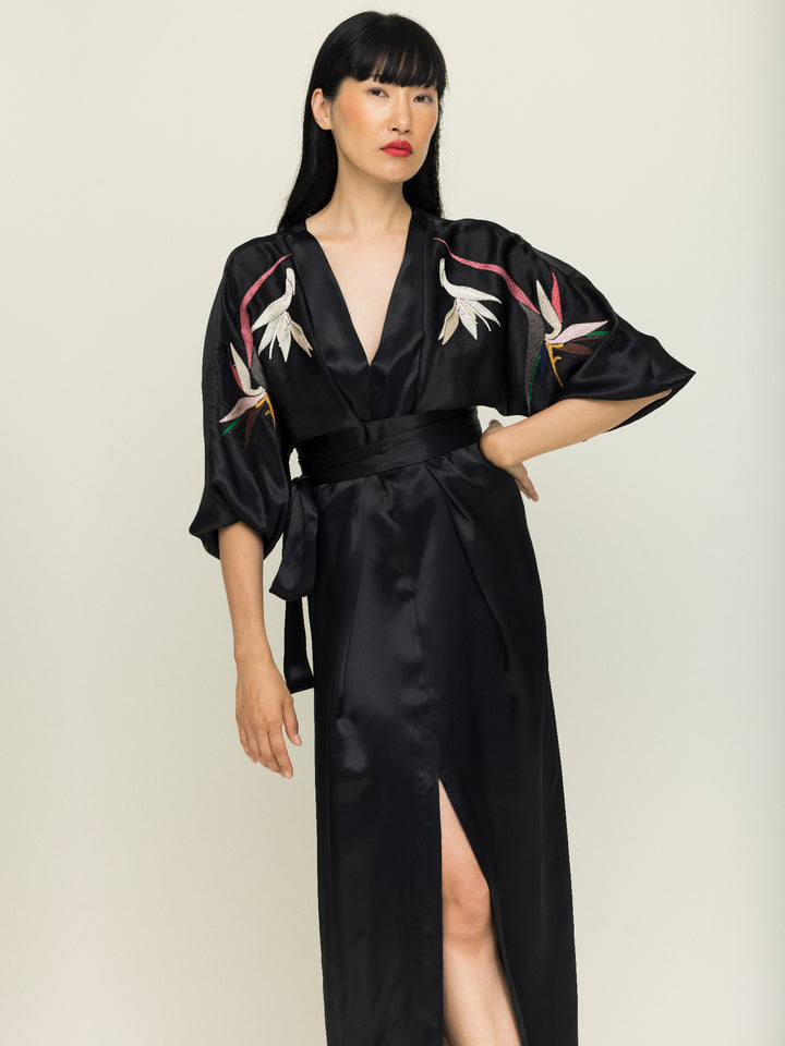 Dorothy Wrap Dress Royal Satin Crepe Jet Black Embroidered