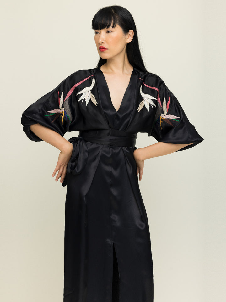 Dorothy Wrap Dress Royal Satin Crepe Jet Black Embroidered