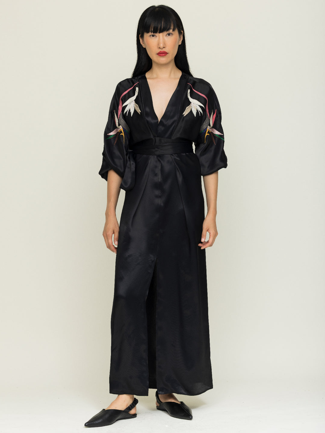 Dorothy Wrap Dress Royal Satin Crepe Jet Black Embroidered