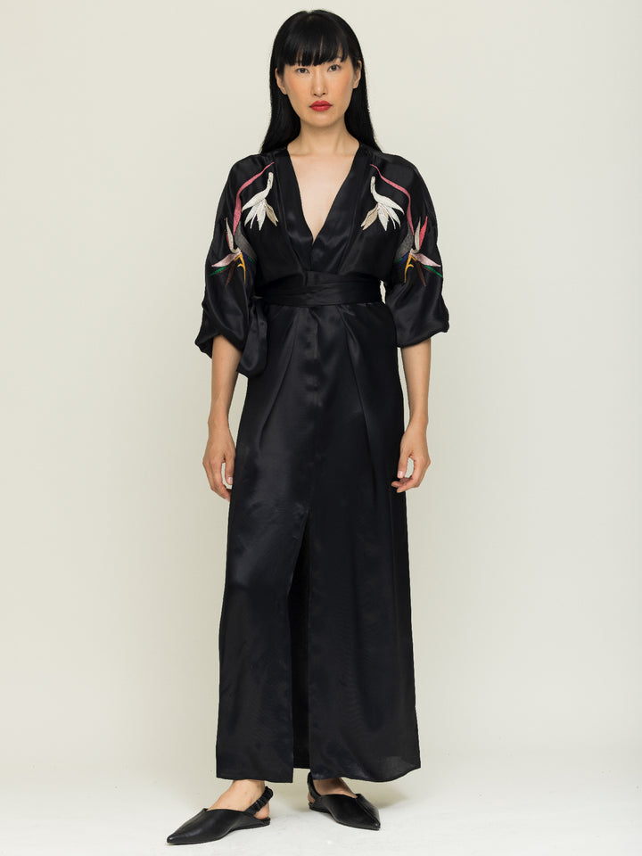 Dorothy Wrap Dress Royal Satin Crepe Jet Black Embroidered