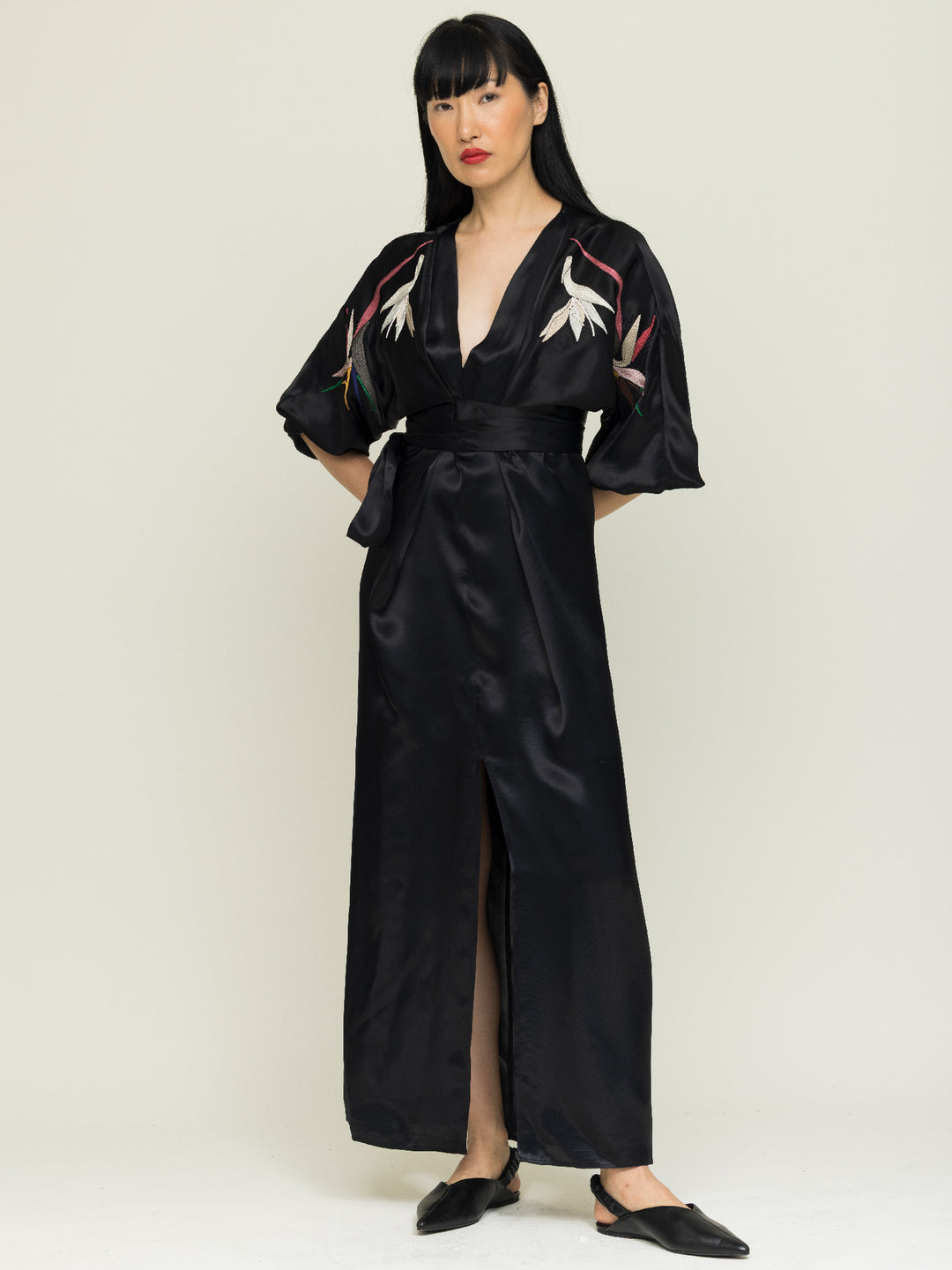 Dorothy Wrap Dress Royal Satin Crepe Jet Black Embroidered