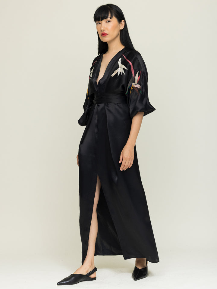 Dorothy Wrap Dress Royal Satin Crepe Jet Black Embroidered