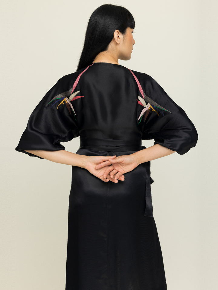 Dorothy Wrap Dress Royal Satin Crepe Jet Black Embroidered