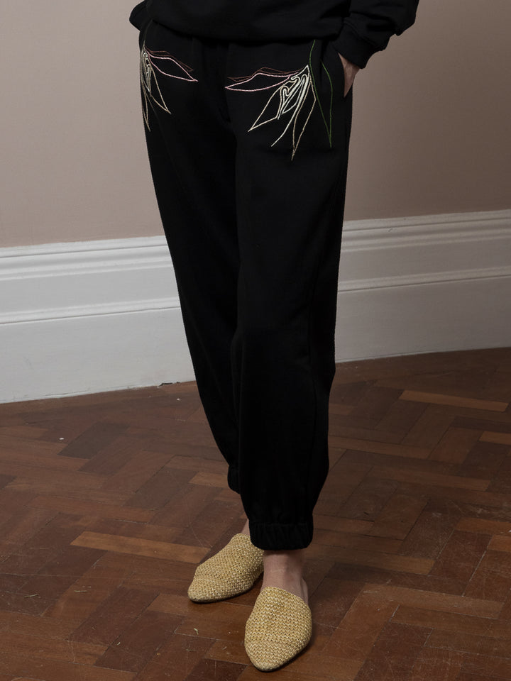 Mia Jogger Embroidered Black Cotton Fleece