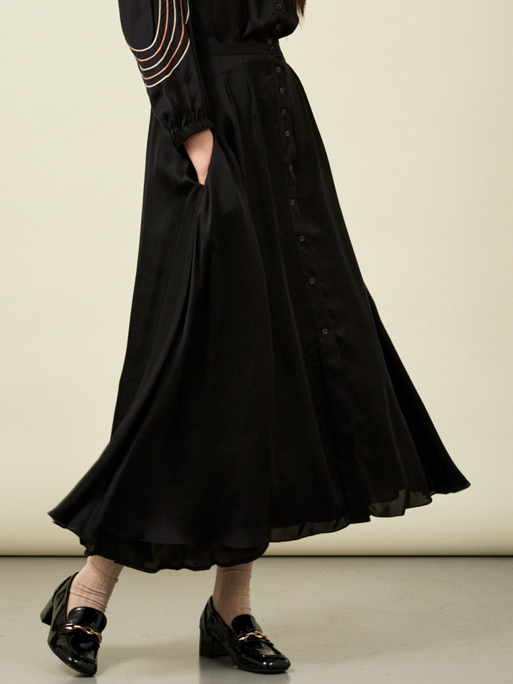 Floaty Black Long Skirt with Front Buttons