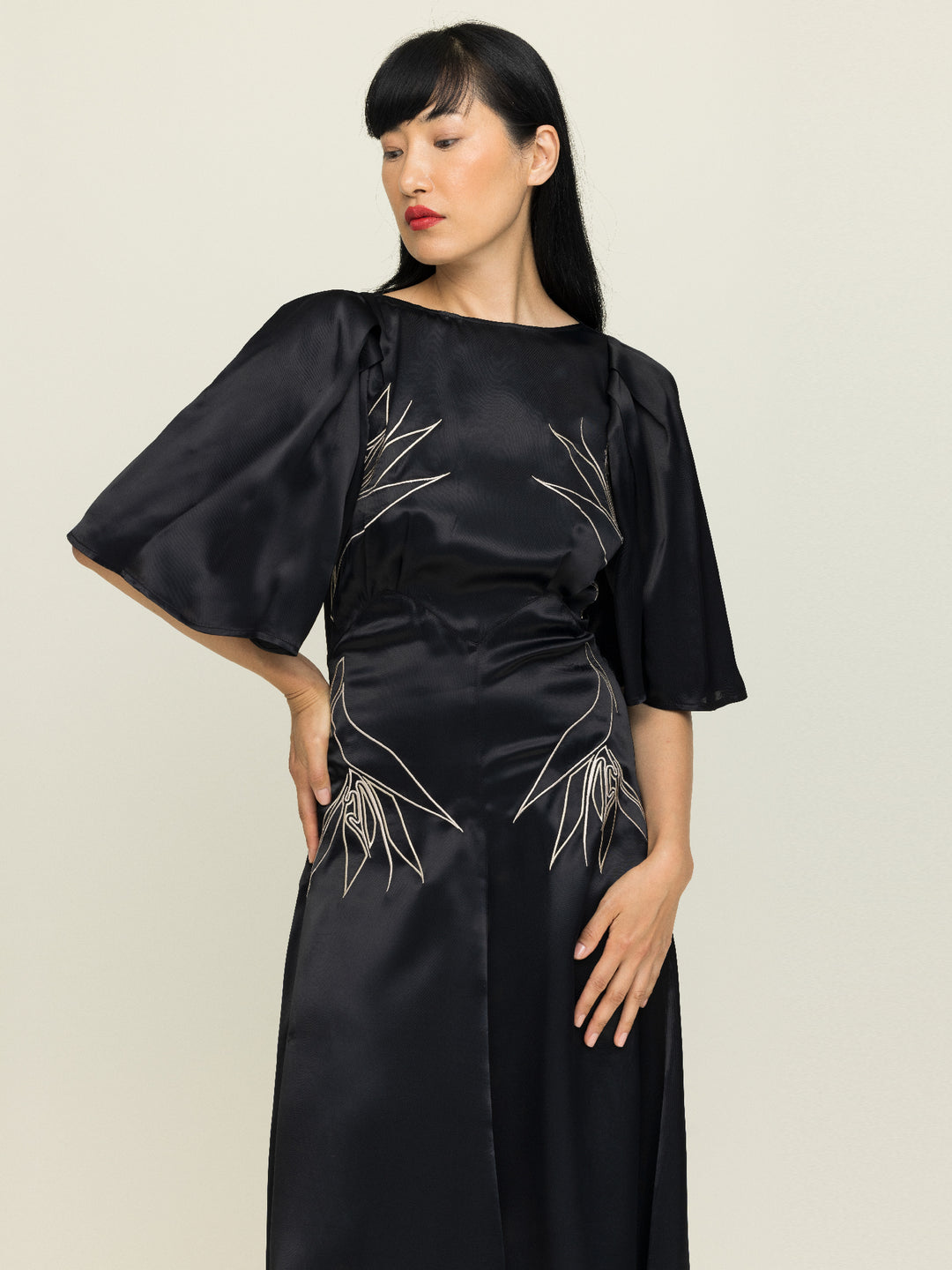 Florence Dress Royal Satin Crepe Jet Black Embroidered