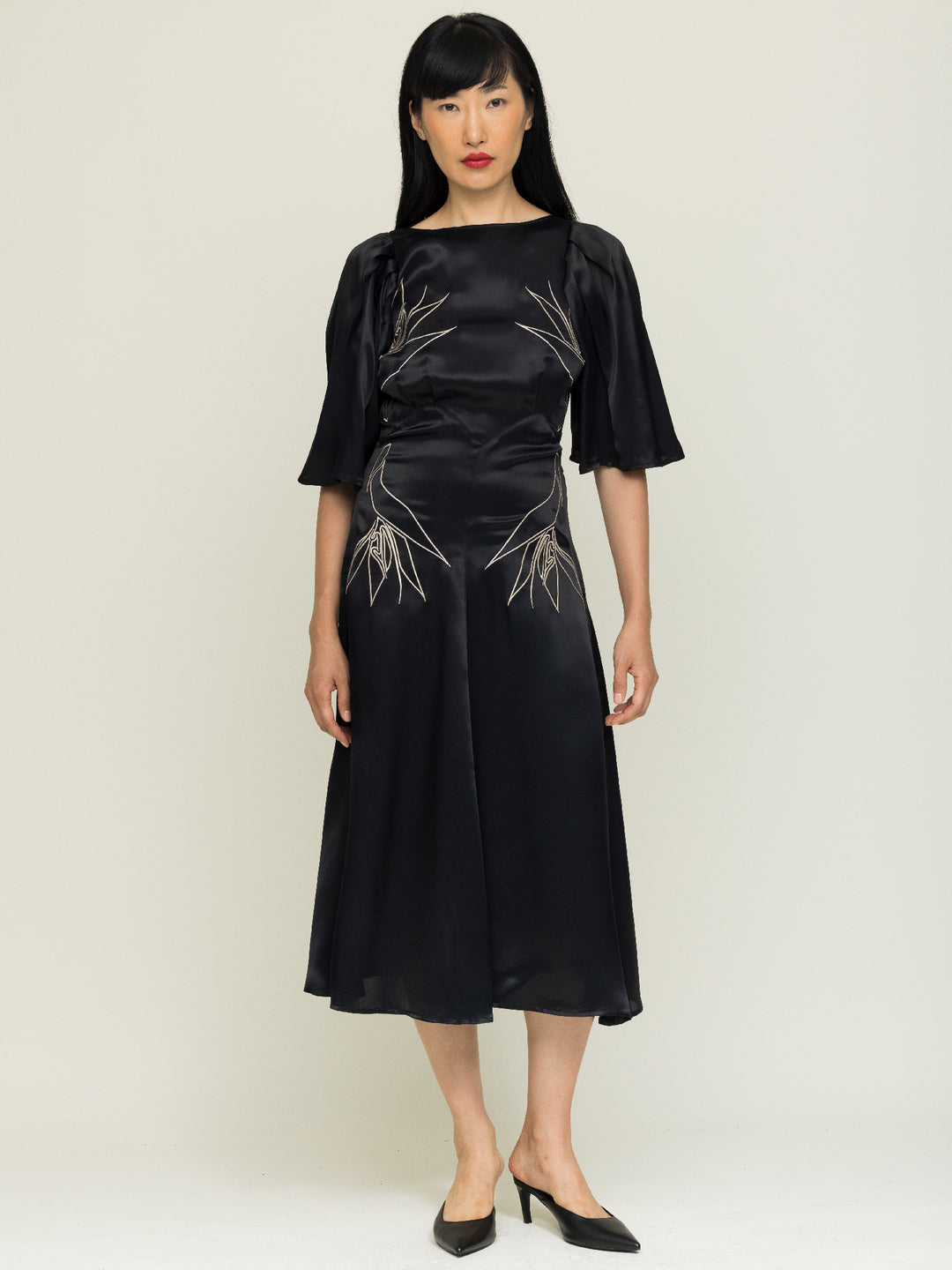 Florence Dress Royal Satin Crepe Jet Black Embroidered