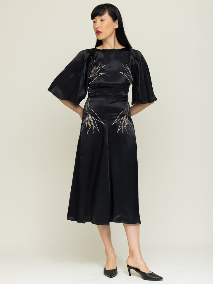 Florence Dress Royal Satin Crepe Jet Black Embroidered