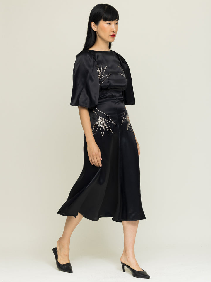 Florence Dress Royal Satin Crepe Jet Black Embroidered