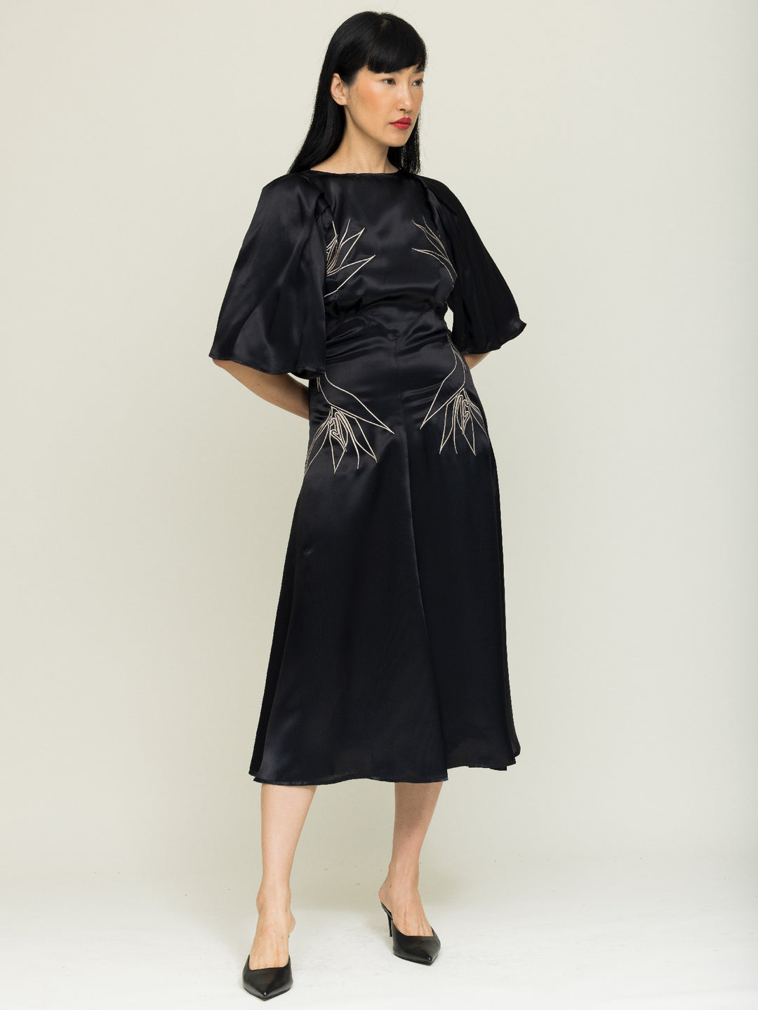 Florence Dress Royal Satin Crepe Jet Black Embroidered