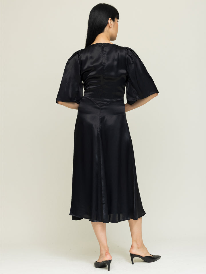 Florence Dress Royal Satin Crepe Jet Black Embroidered