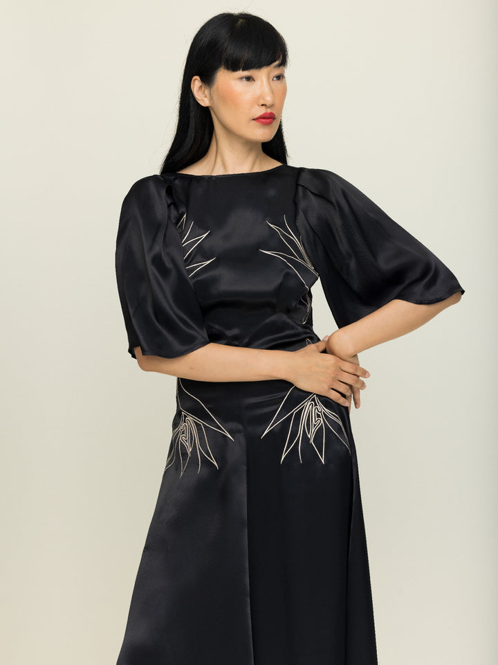 Florence Dress Royal Satin Crepe Jet Black Embroidered