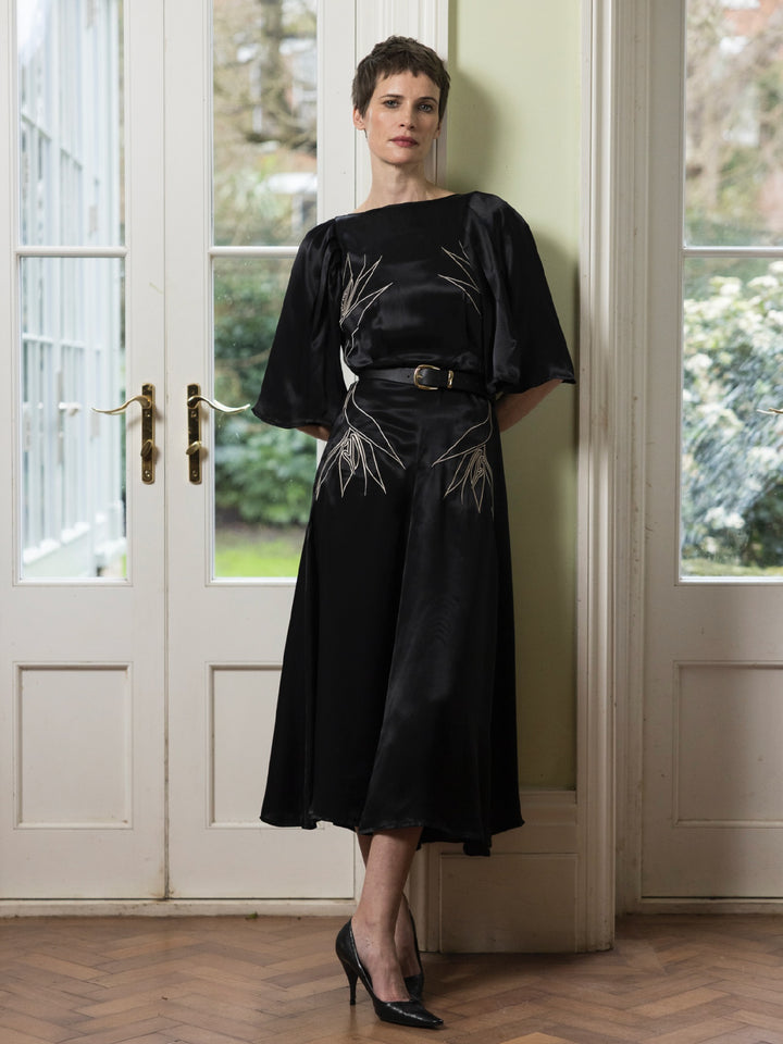 Florence Dress Royal Satin Crepe Jet Black Embroidered