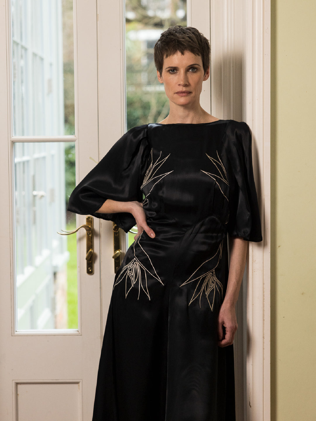 Florence Dress Royal Satin Crepe Jet Black Embroidered