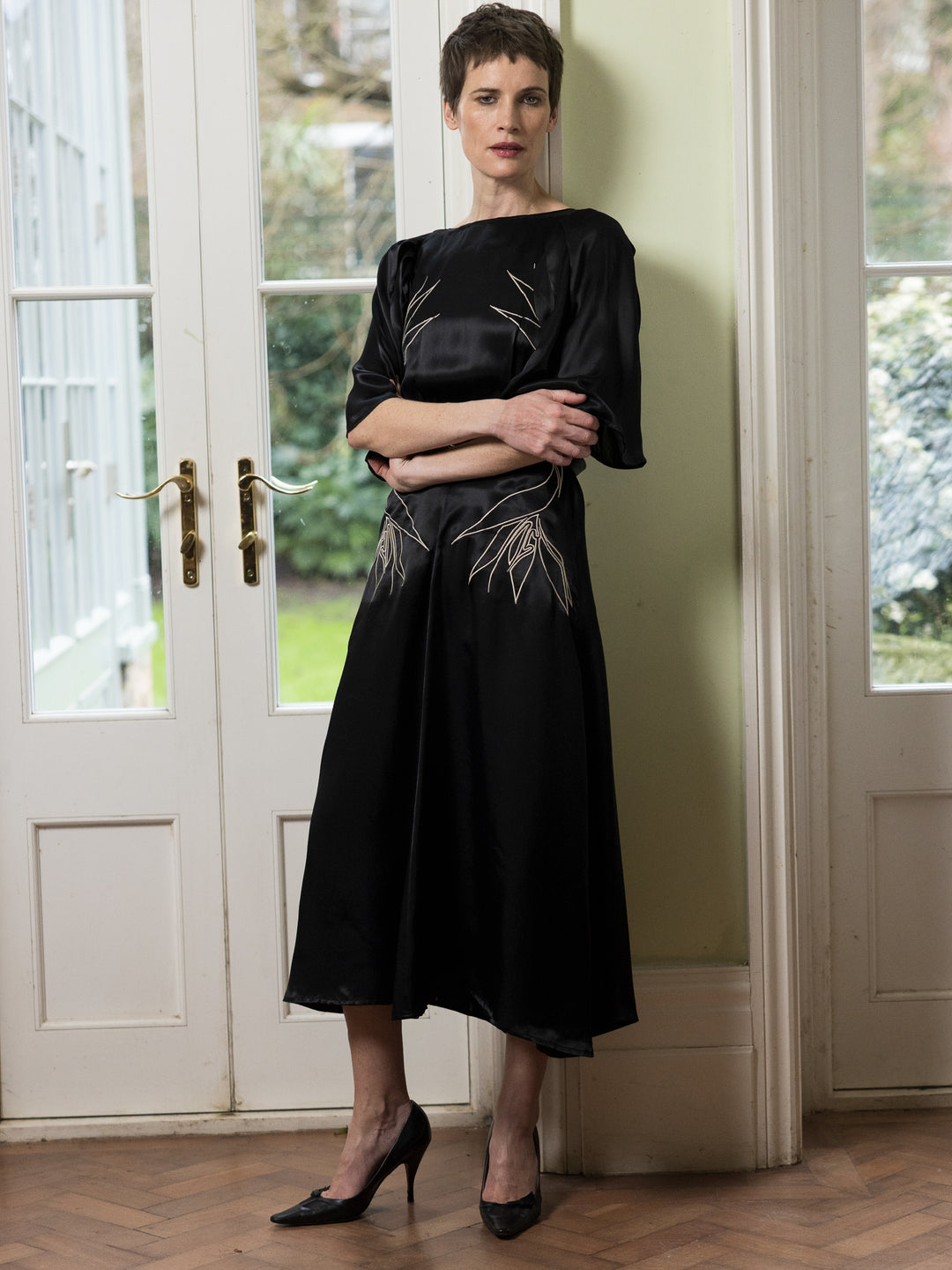 Florence Dress Royal Satin Crepe Jet Black Embroidered