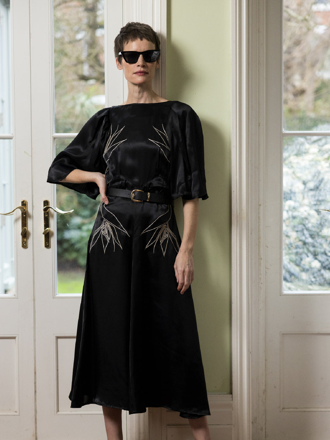 Florence Dress Royal Satin Crepe Jet Black Embroidered