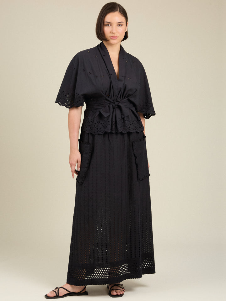 Martha Maxi Cotton Skirt Black Broderie Anglaise