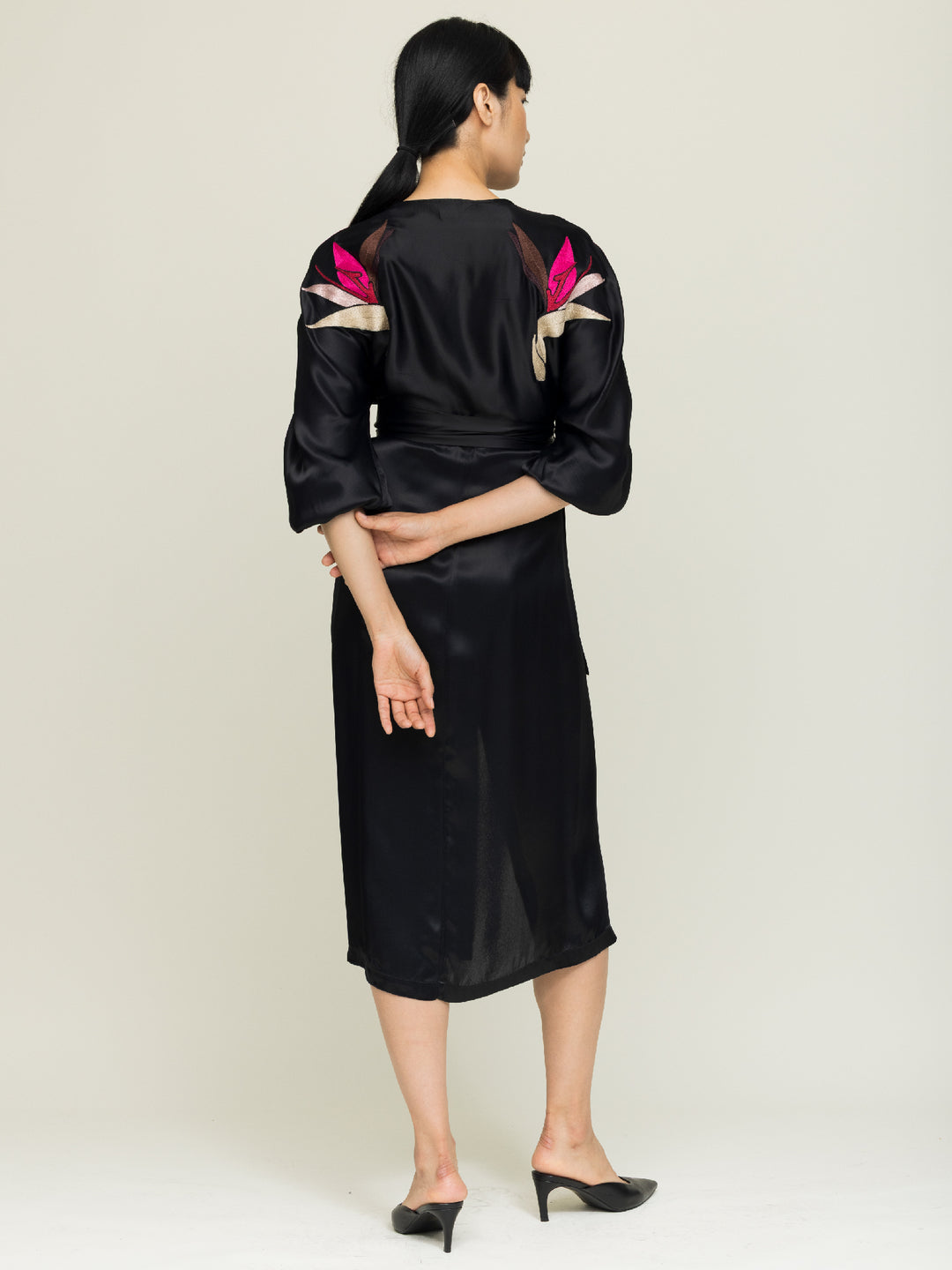 Hannah Wrap dress Royal Satin Crepe Jet Embroidered