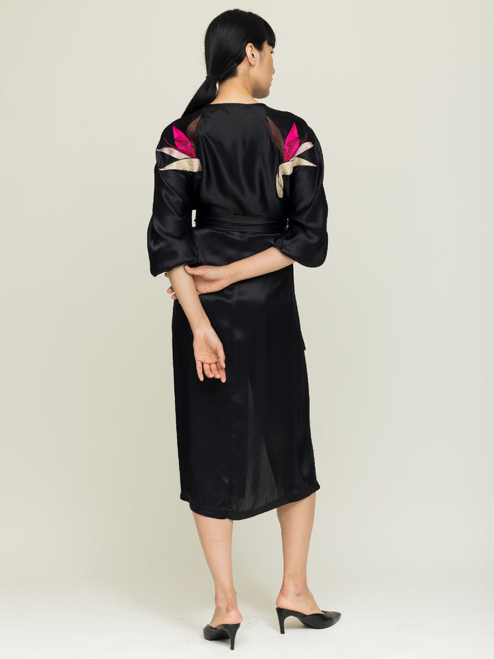 Hannah Wrap dress Royal Satin Crepe Jet Embroidered