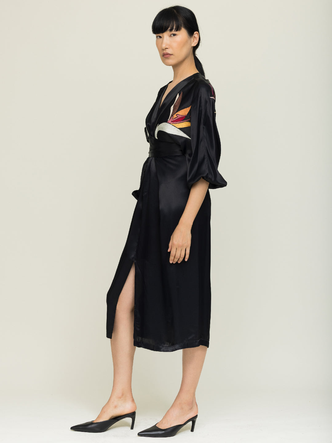 Hannah Wrap dress Royal Satin Crepe Jet Embroidered