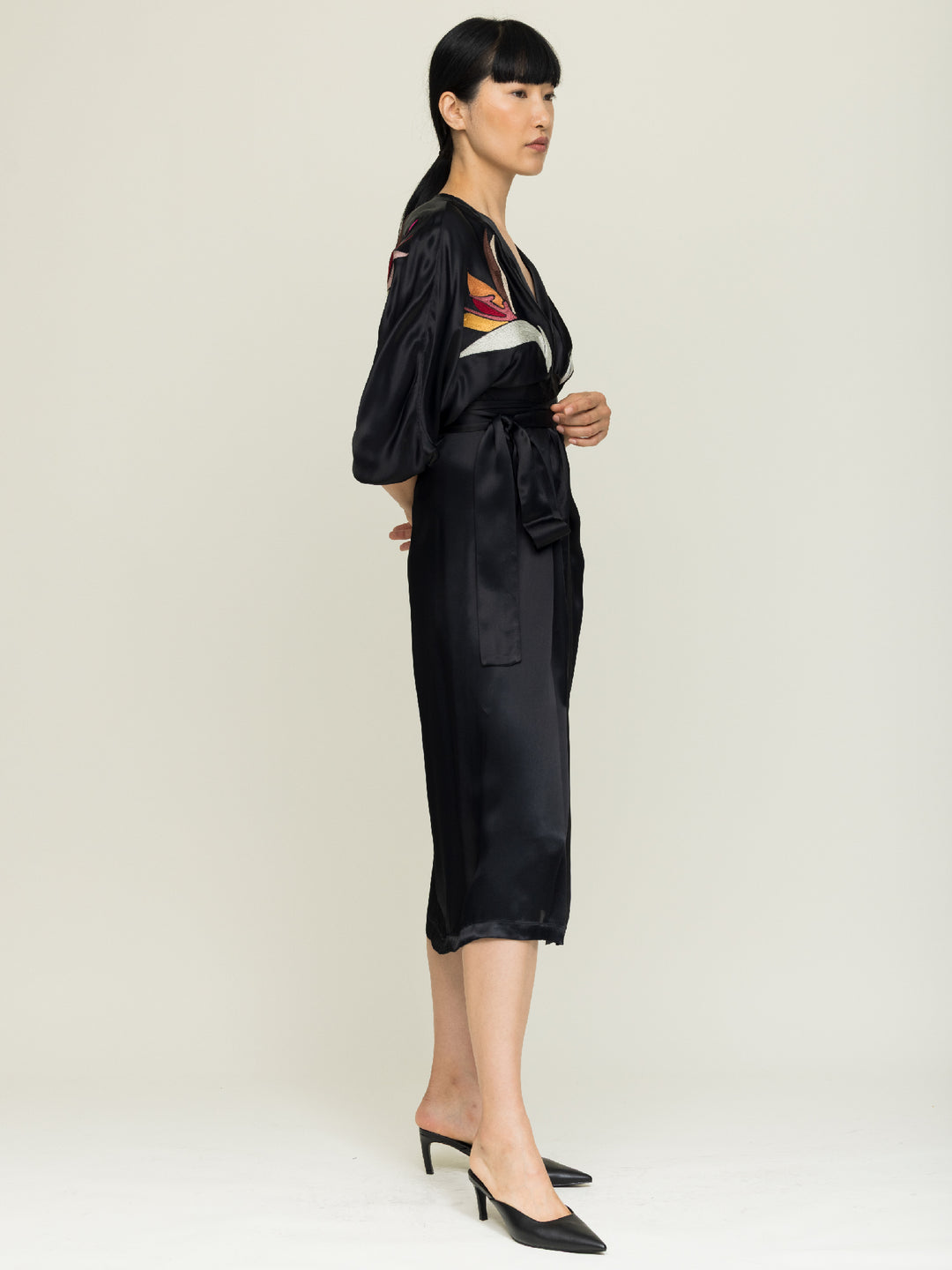 Hannah Wrap dress Royal Satin Crepe Jet Embroidered