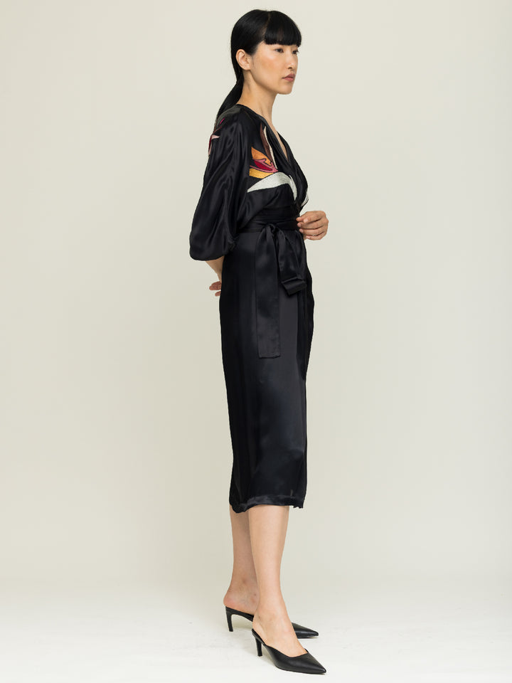 Hannah Wrap dress Royal Satin Crepe Jet Embroidered