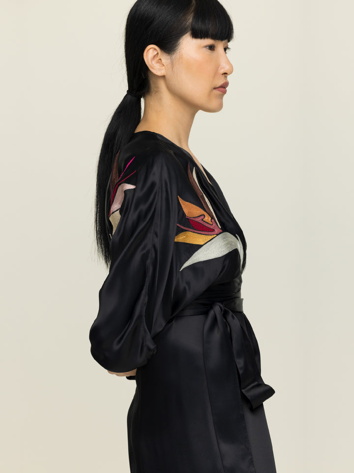 Hannah Wrap dress Royal Satin Crepe Jet Embroidered