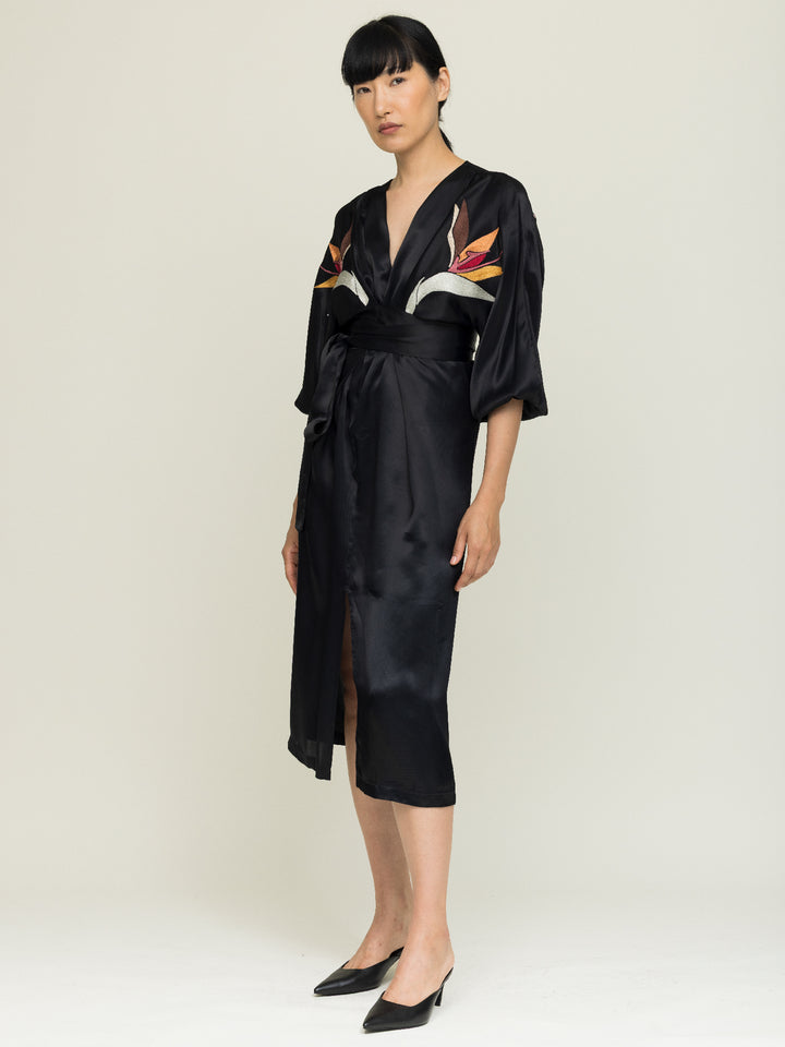 Hannah Wrap dress Royal Satin Crepe Jet Embroidered