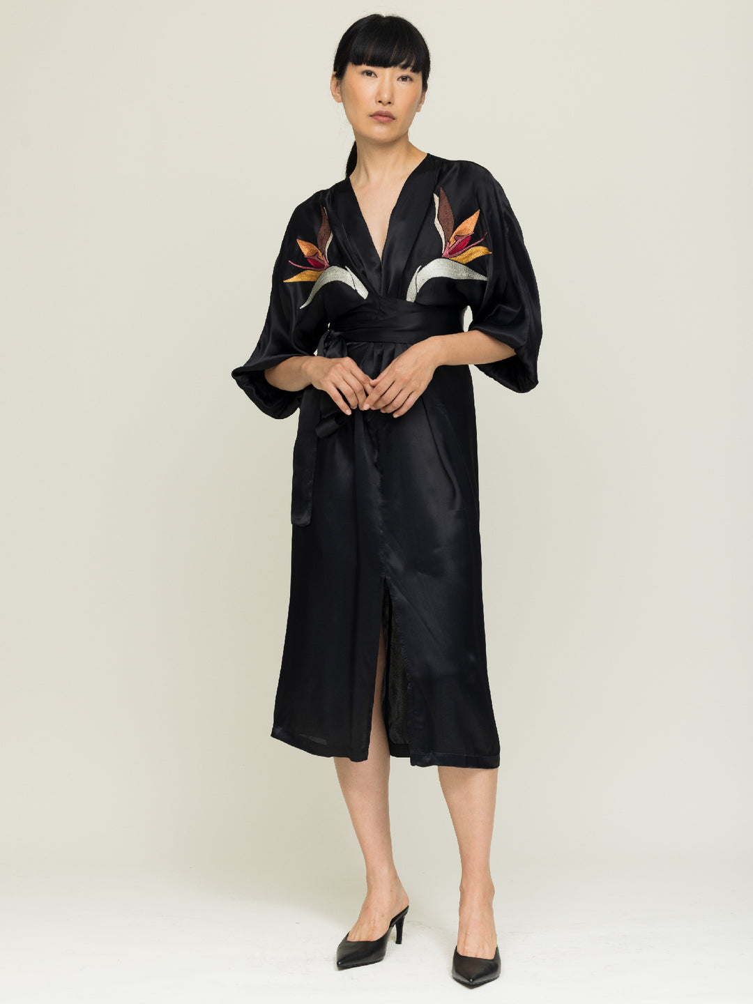 Hannah Wrap dress Royal Satin Crepe Jet Embroidered