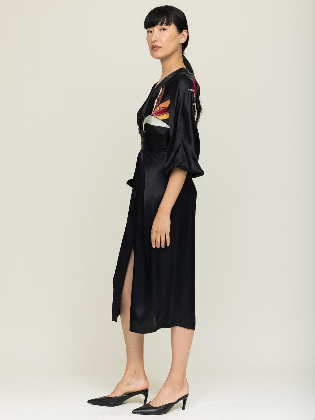 Hannah Wrap dress Royal Satin Crepe Jet Embroidered