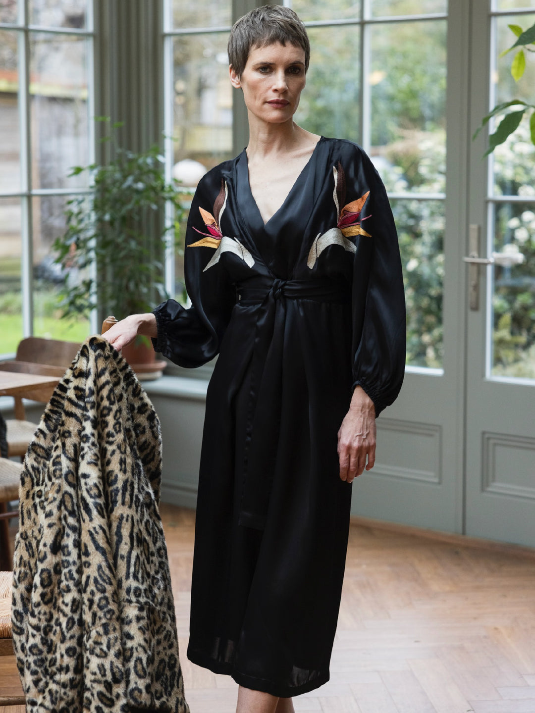 Hannah Wrap dress Royal Satin Crepe Jet Embroidered