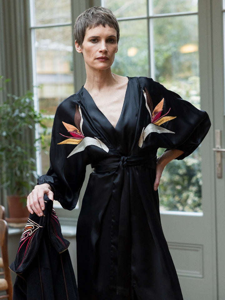 Hannah Wrap dress Royal Satin Crepe Jet Embroidered