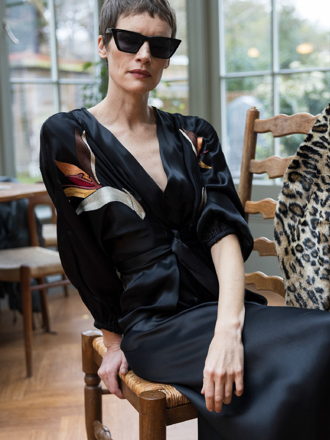 Hannah Wrap dress Royal Satin Crepe Jet Embroidered