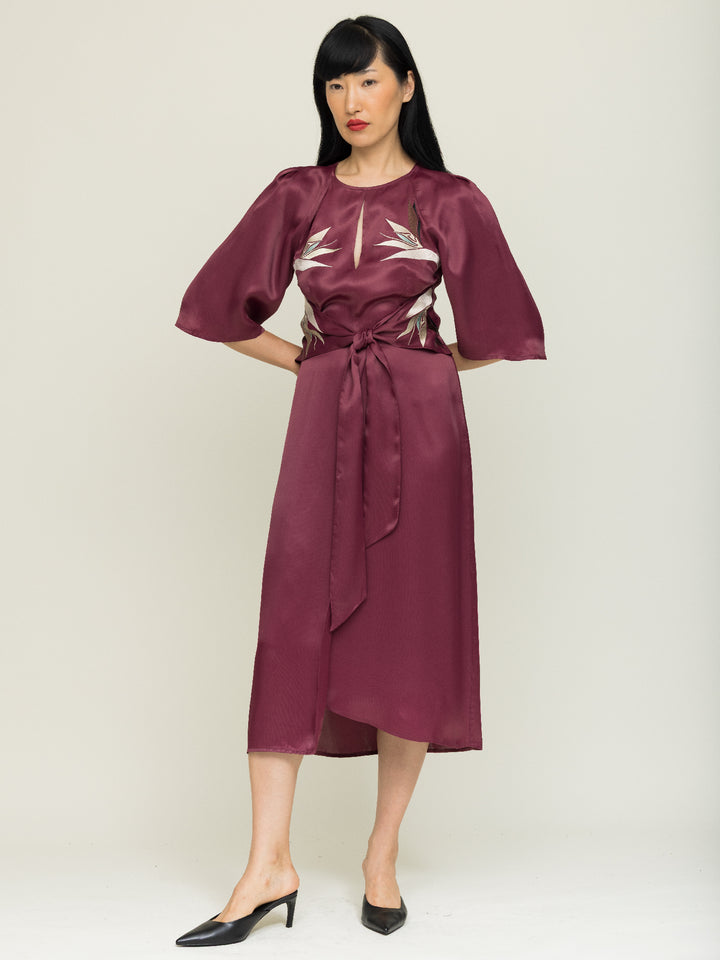 Harriet Dress Royal Satin Crepe Plum Embroidered Delivery