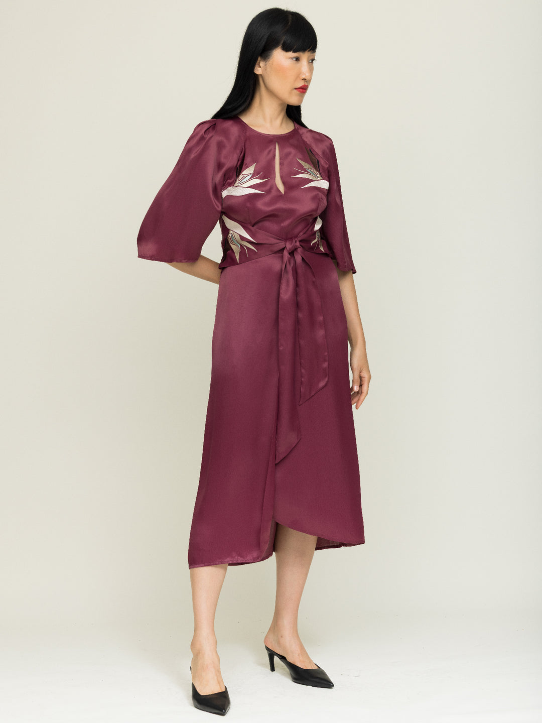 Harriet Dress Royal Satin Crepe Plum Embroidered Delivery